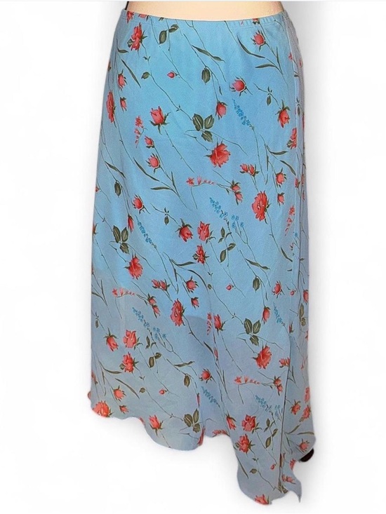 Halo Dresses & Skirts - Vintage 90s Blue floral asymmetrical flowy skirt with pink accents
